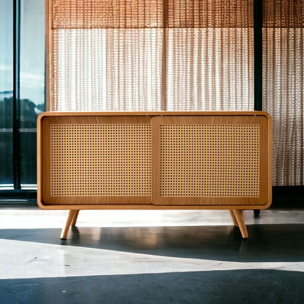 木製ラタン扉キャビネット Rattan Cabinet Slide Door Natural / ラタンキャビネット 引き戸仕様