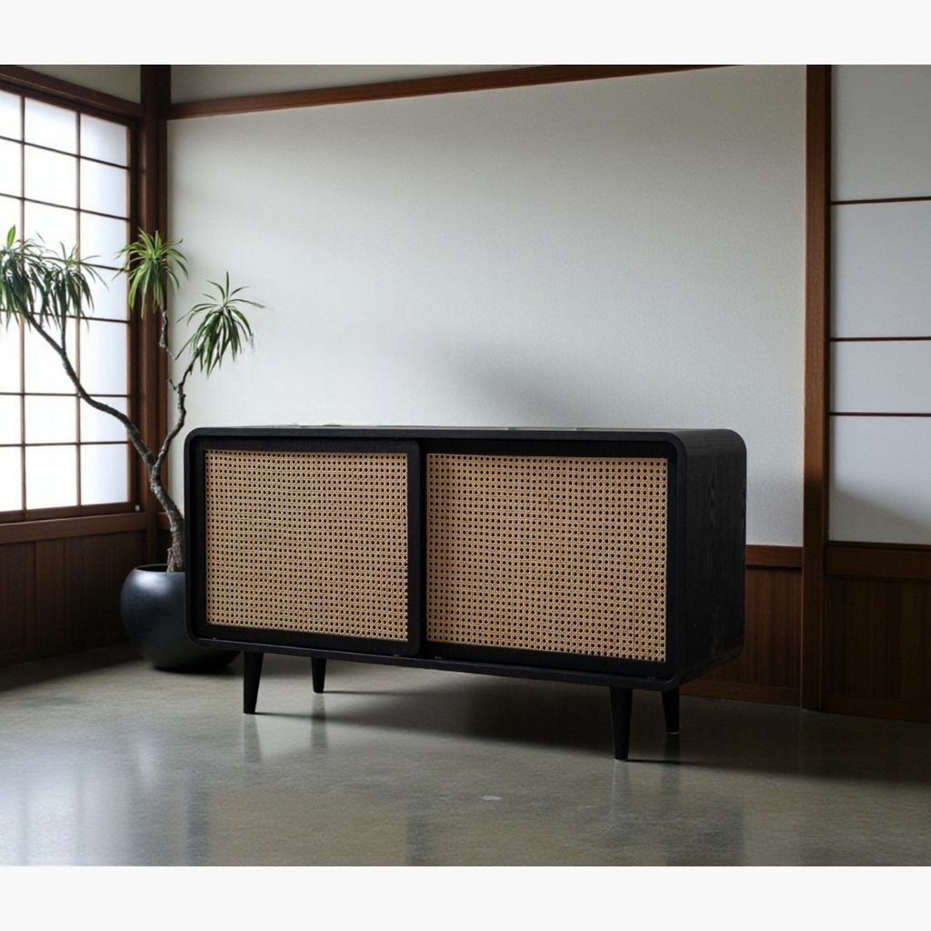 Rattan Cabinet Slide Door Black / ラタンキャビネット 引き戸仕様 ブラック