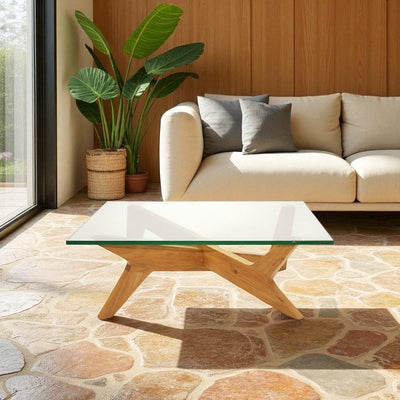 Cross Coffee Table Natural Glass-Top / クロスコーヒーテーブル ナチュラル ガラス天板