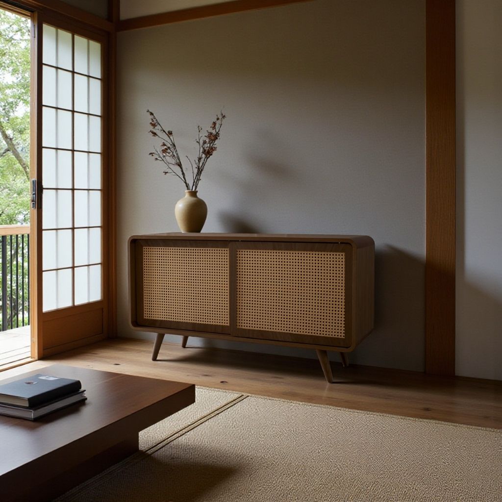 kuhon ラタンキャビネット 引き戸仕様 ブラウン Rattan Cabinet Slide