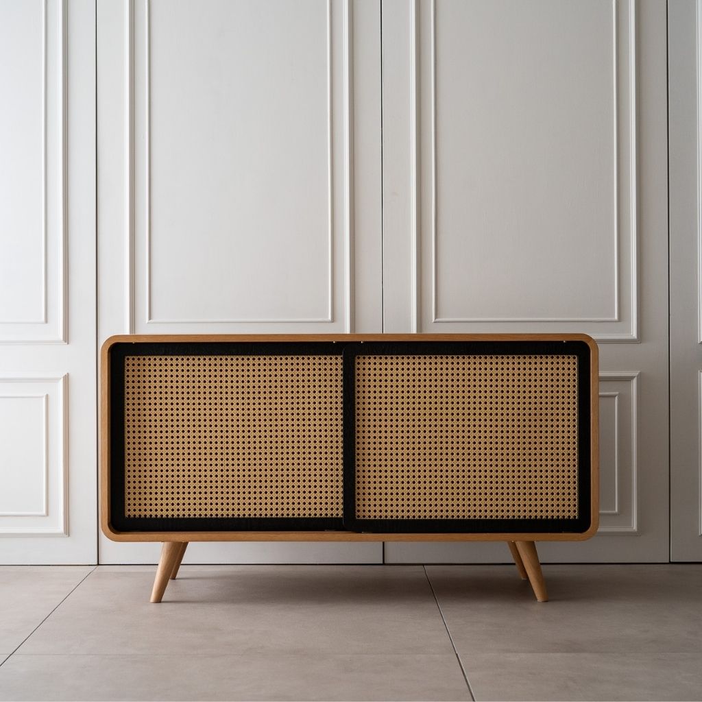 ラタンキャビネット Rattan Cabinet Slide Door Natural (Black Sliding Door) / ラタン