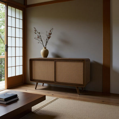 Rattan Cabinet Slide Door Brown / ラタンキャビネット 引き戸仕様 ブラウン