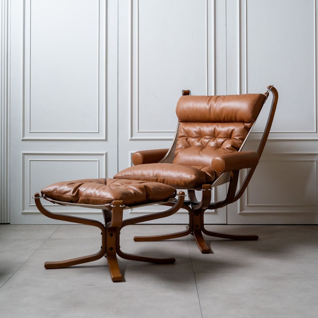 Falcon Armchair Wood Frame Ottoman Set Oil-Leather Brown