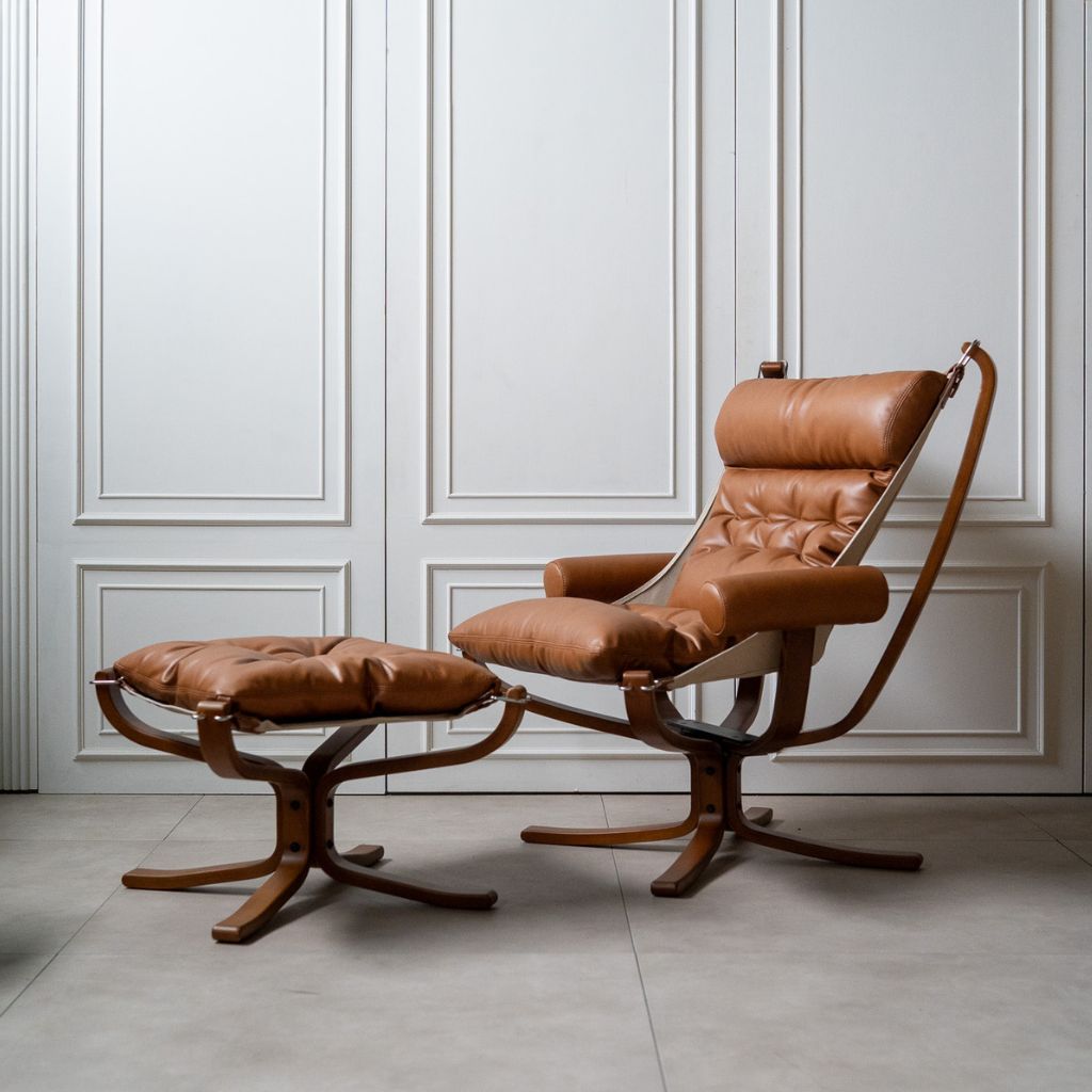 Falcon Armchair Wood Frame Ottoman Set Oil-Leather Brown