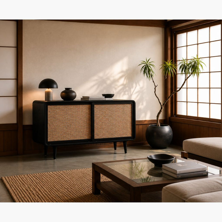 Rattan Cabinet Slide Door Black / ラタンキャビネット 引き戸仕様
